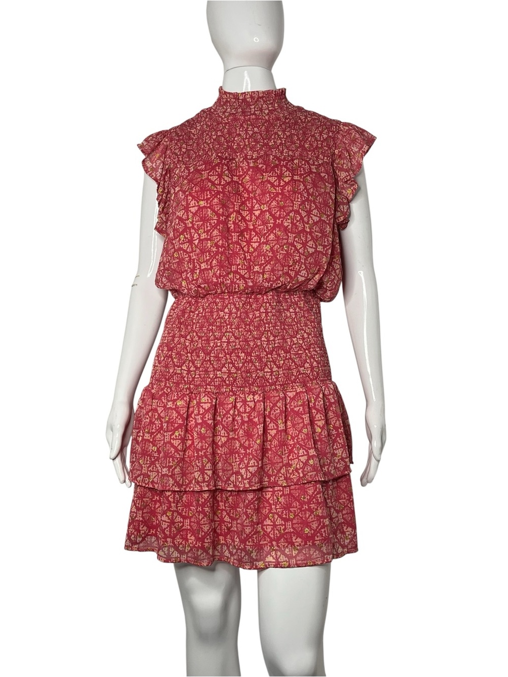 AQUA Pink & Gold Metallic Ikat Smocked Flounced Mini Dress Size XL TV WORN!